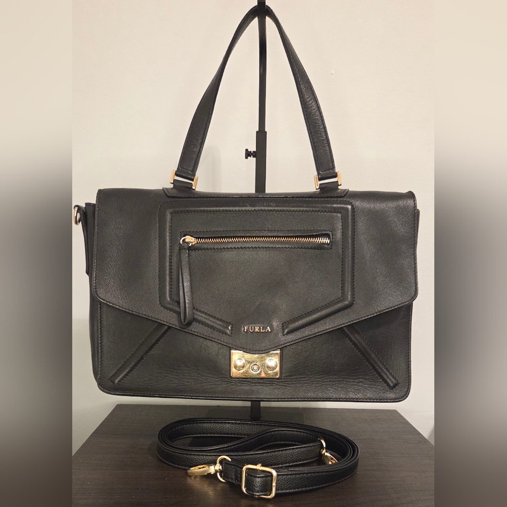 Furla Black Leather Structured Satchel Crossbody Gold Hardware Top Handle Bag